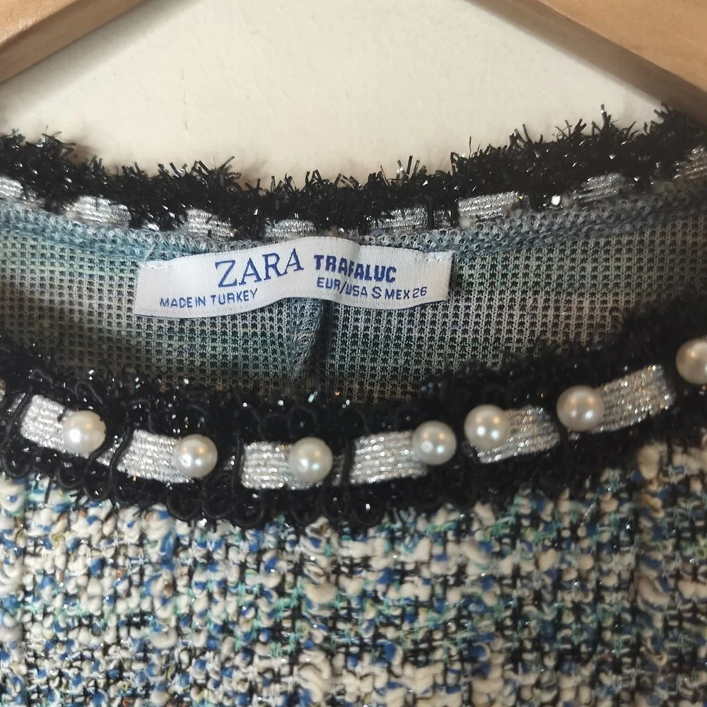 Zara Tweed‎ Textured Top Pearl Embellished Fringe